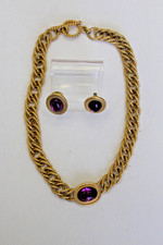 Vintage MONET Gold Tone Purple Cabachon Oval Link Necklace & Pierced Earrings