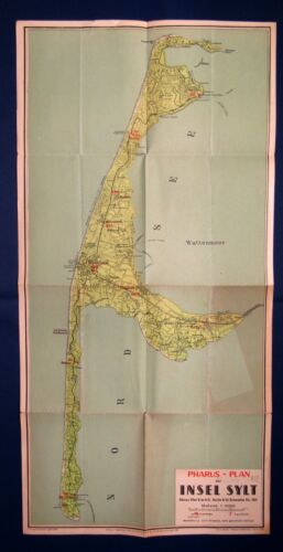 Pharus- Plan der Insel Sylt Maßstab 1:65000 koloriert 61x30  um 1930 Guide js - Afbeelding 1 van 2