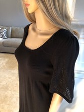 ELLE S Black Cotton Lightweight Knit Pointelle Ribbed Short Sleeve Sweater Dress