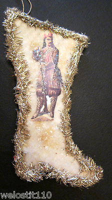 Primitive Vintage Folk Art Tinsel Cotton Batting Christmas Ornament. Stacy Bear