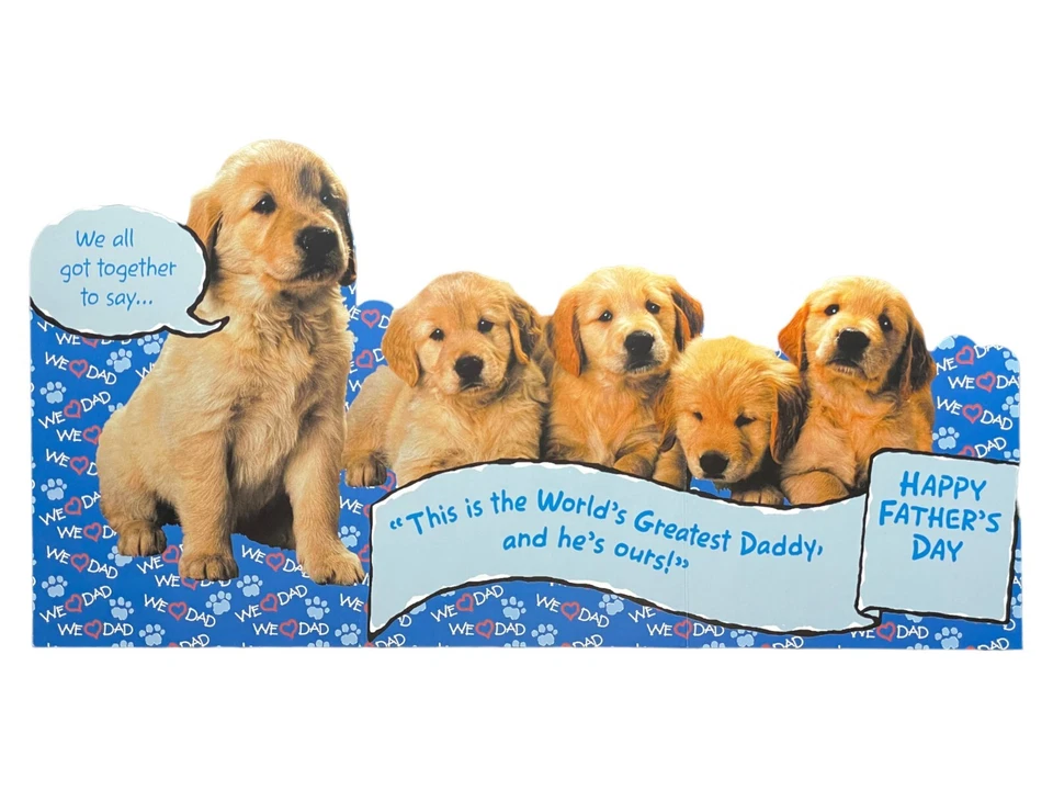 Linda Tarjeta del Día del Padre DE NIÑOS, Golden Retriever Cachorros Perros por AGC + Sobre Foto 2 de 4