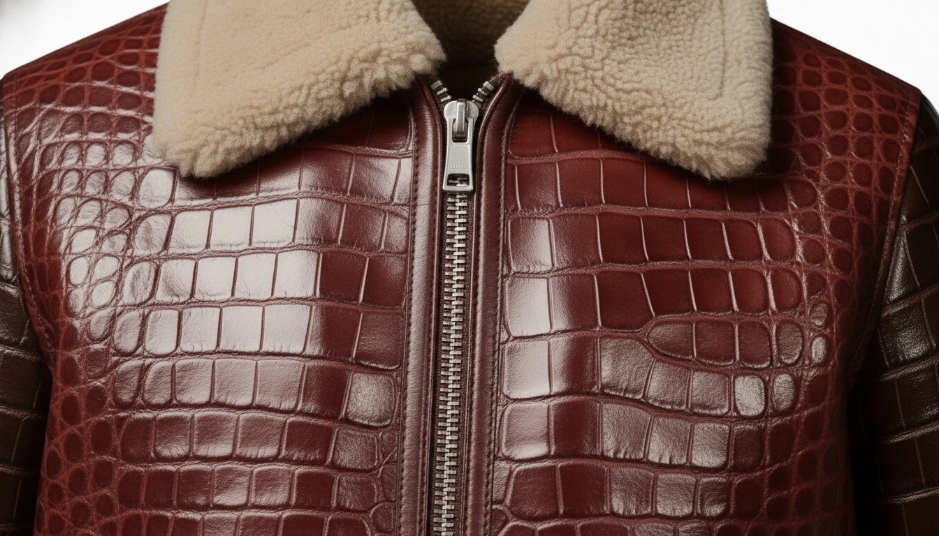 Men,s Real Crocodile Embossed Leather Jacket Shearling Collar Bomber Coat Brown. image 4