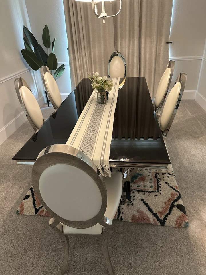 Modern Glass Dining Table Set with 6 Chairs and Metal Accents - Image 2 of 4