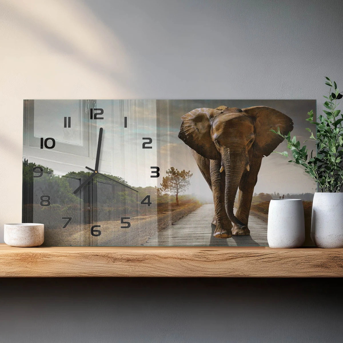 Reloj de Pared Rectangular Vidrio Templado Premium Elefante Caminando 60x30 cm