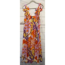 FARM Rio Butterfly Floral Print Maxi Dress Tie Shoulder Beaded Size S Boho Chic