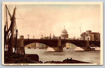 Southwark Bridge London UK Vintage Postcard Thames River sailing vessel 1920