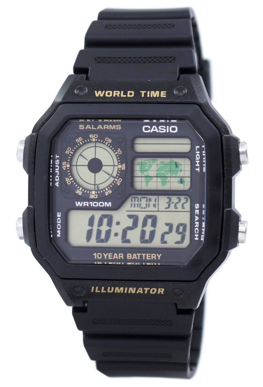 Casio Digital World Map World Time Alarm Illuminator AE-1200WH-1BVDF Mens Watch