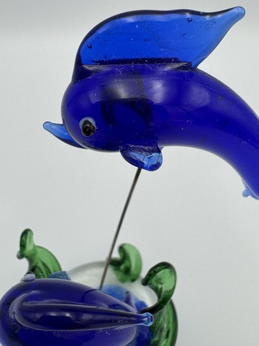 Glass Dolphin Figurine Vintage Iridescent 2 Leaping Dolphins Ocean Sea Life - Picture 2 of 7