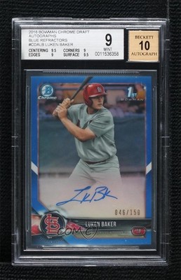 2018 Bowman Draft Chrome Pick Blue Refractor Luken Baker BGS 9 MINT Auto 0rf