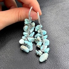 natural blue larimar dangle cz pave hook earrings