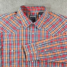 Panhandle Western Shirt Men 17 34 Pearl Snap Long Sleeve Red Orange Blue Plaid