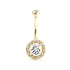 14K Solid Gold 14G Belly Button Navel Ring with 6mm Cubic Zirconia Gems Jewelry