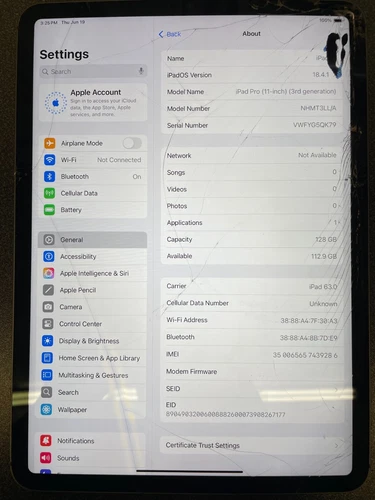 Apple iPad Pro 3rd Gen 128GB, Wi-Fi + Cellular, 11 in -Space Gray- Cracked