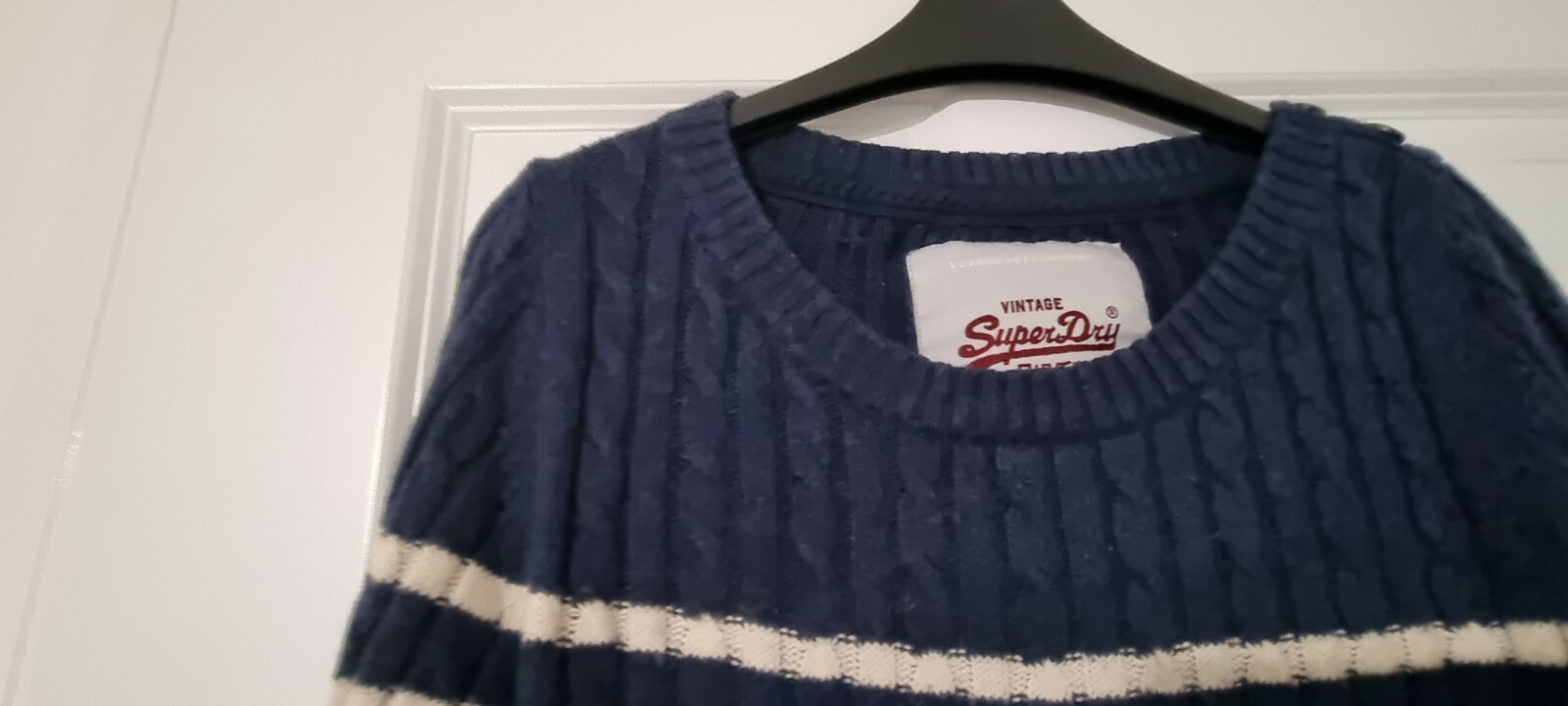 SUPERDRY PREMIUM BLACK LABEL BLUE WHITE STRIPE CABLE KNIT BUTTON SHOULDER JUMPER image 2