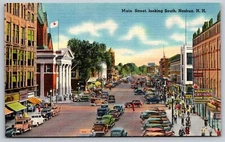 Nashua New Hampshire Linen Postcard Main Street Store Signs Street Action Scene 