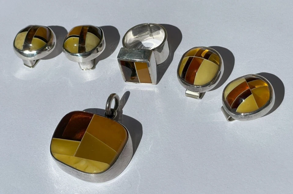 Juego de colgantes, anillos y pendientes ámbar báltico y caramelo/plata de ley Foto 2 de 4
