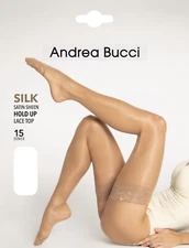 Andrea Bucci Silk Satin Sheen Lace Top Hold Ups 15 Denier 1 Pair Stay ups