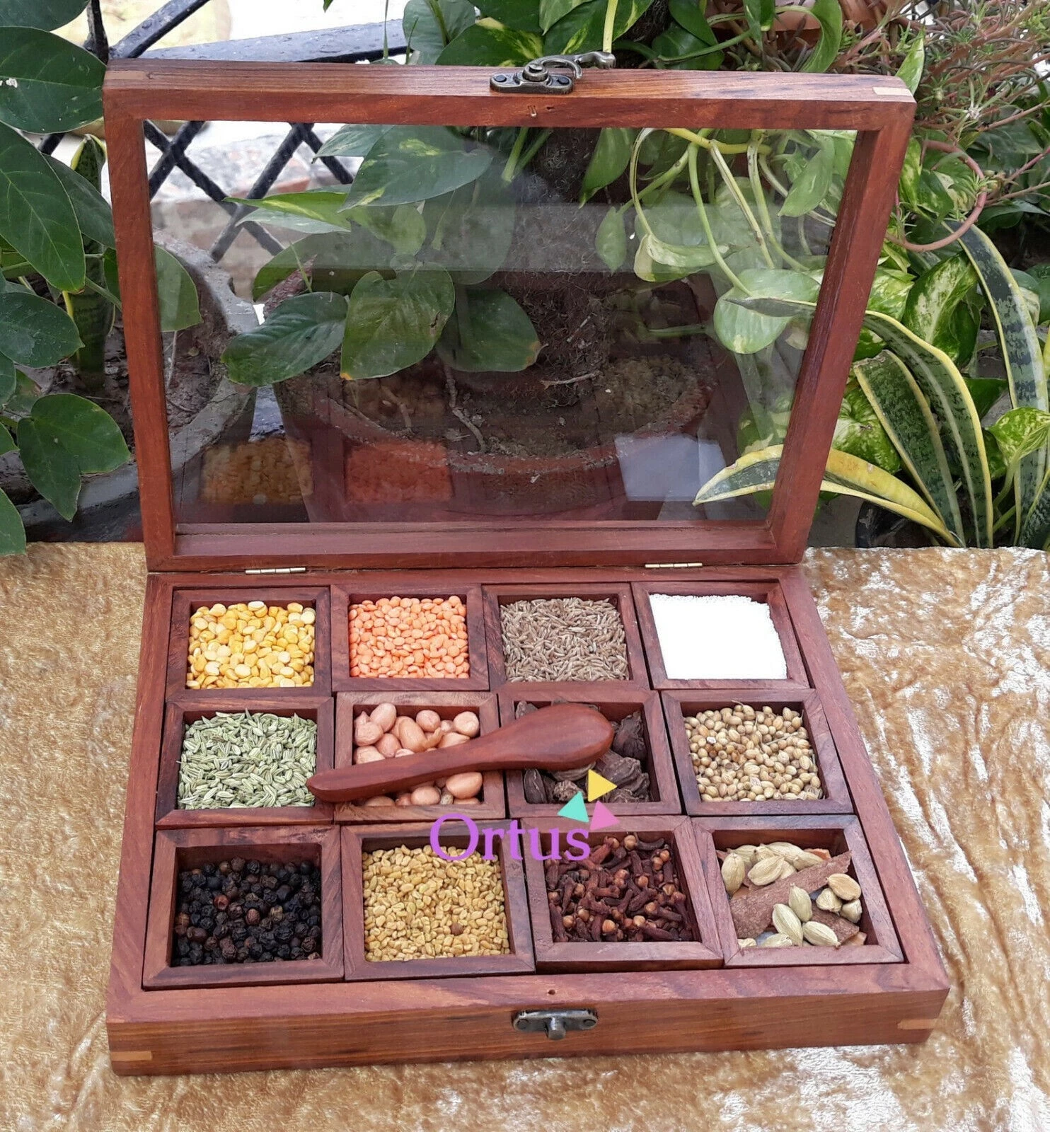 Wooden Spice Box with 9 Containers & Spoon in Sheesham Wood Spice Box Set