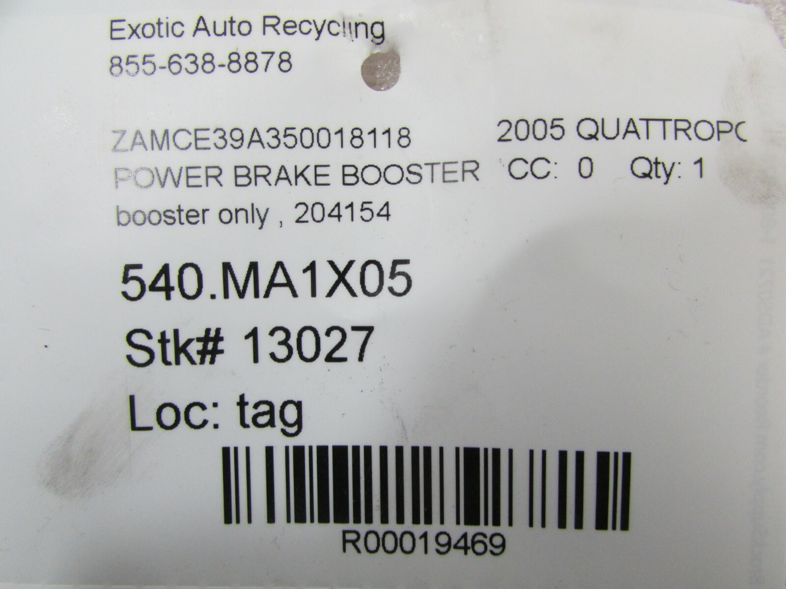 Maserati Quattroporte, Power Brake Booster, Used, P/N 204154