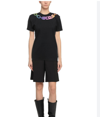 GCDS Women XL Tee Tshirt Black Italy  Rainbow Chain-Link Graphic Y2K Pop Luxury