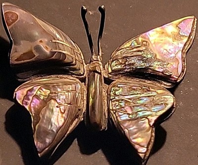 VINTAGE STERLING SILVER & ABALONE SHELL BUTTERFLY PIN BROOCH AFG Mexico 11.6g