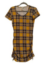 Lily Bleu Yellow Plaid Ruched Ribbed Knit Short Sleeve Mini T-Shirt Dress Size M