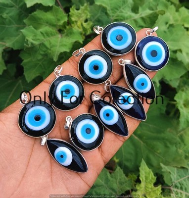 Blue Evil Eye Gemstone 925 Sterling Silver Plated Pendant Lot Festival Jewelry