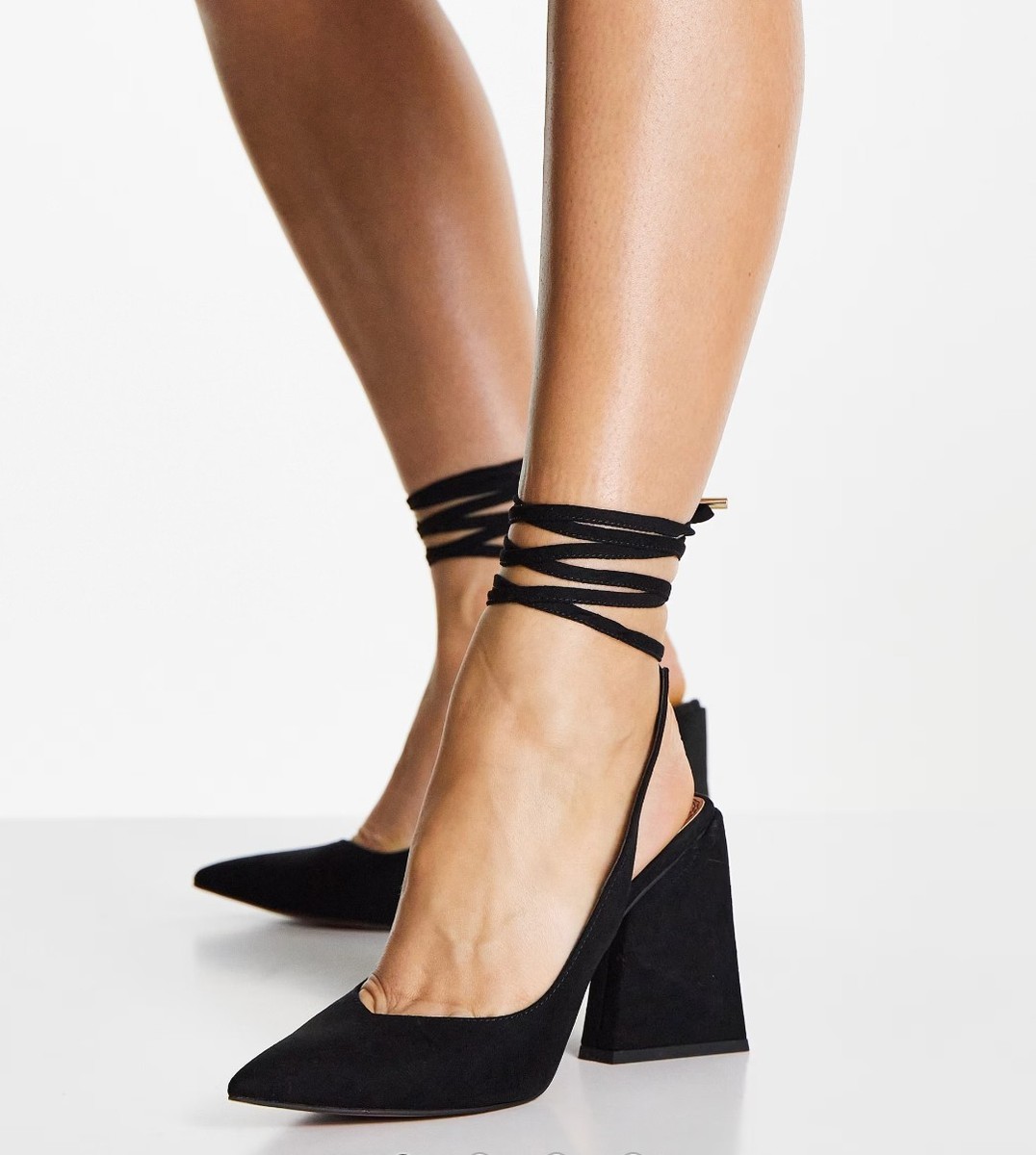 New Asos Design Project Black Vegan Ankle Tie Leg Block Heels Pointy Toe  38