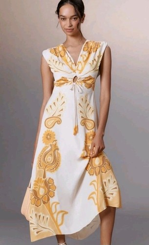 NWT FARM RIO ANTHROPOLOGIE Maxi Dress Sleeveless Yellow Orange Tassles Sz M $268
