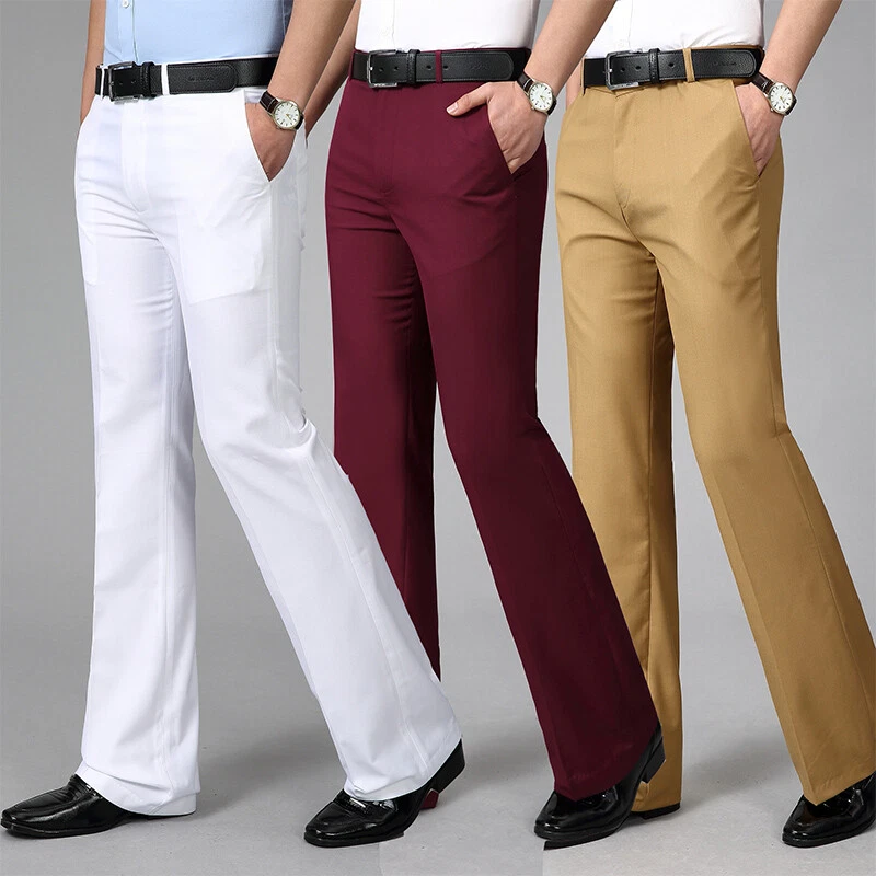 Men Bell Bottom Pants Retro 60s 70s Flare Formal Dress Trouser Slim Classic  Soft