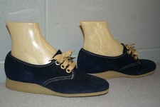 6 B NOS Vtg 70s Mod BLUE SUEDE Shoes Wedge Heel Oxford Tie Platform Scholl Navy