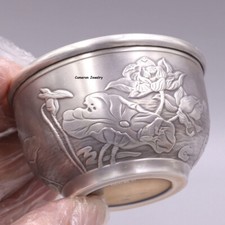 Pure S999 Fine Silver Tea Cup Heat Insulation Fish Lotus Bowl 61-62g 2.5inch