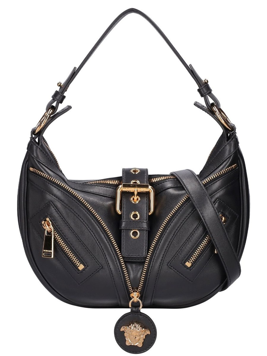VERSACE La Medusa Small Black/Gold Leather Hobo Shoulder Bag New