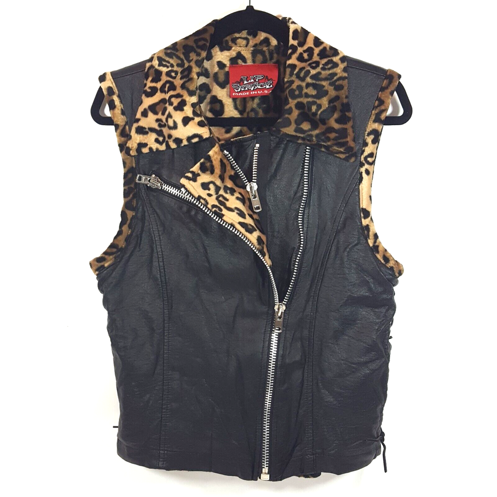 Lip Service Womens Biker Motorcycle Vest Black Leopard Animal Print Vintage M