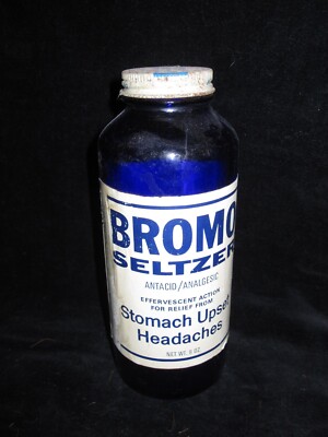 VINTAGE BROMO SELTZER COBOLT BLUE BOTTLE 7  ORIGINAL LID & PAPER LABEL NICE RARE
