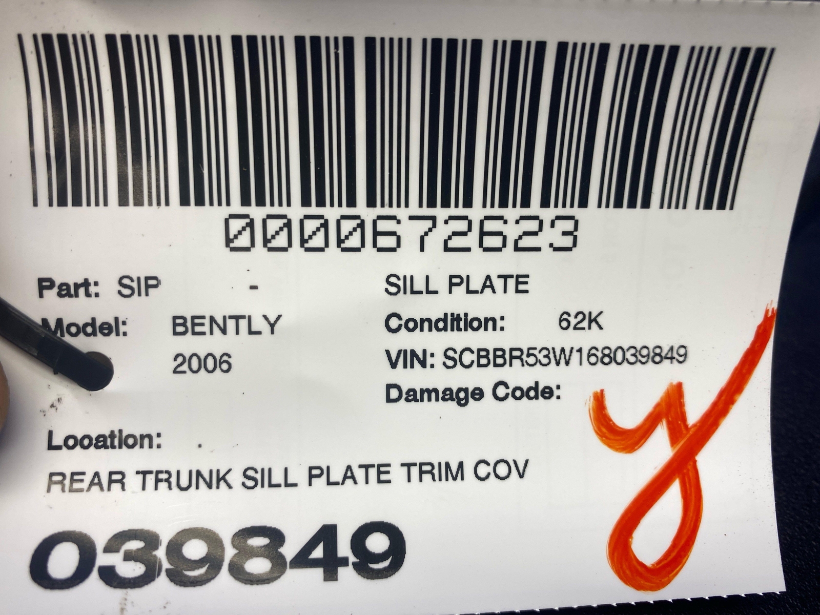 2006-2012 BENTLEY CONTINENTAL FLYING SPUR REAR TRUNK SILL PLATE TRIM PANEL *NOTE