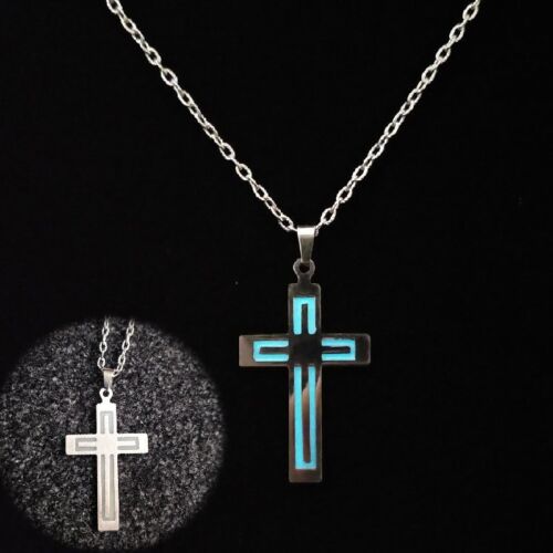 Stainless Steel Glow in the Dark Cross Pendant Necklace Choker Blessed Jewelry - Picture 1 of 6