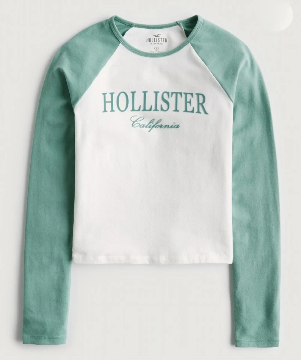 Hollister Long Sleeve Print Logo Graphic Tee Color White/Green Size M