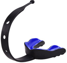Football Mouth Guard with Strap (Black/Blue) - Strapped Mouth Guard w Case