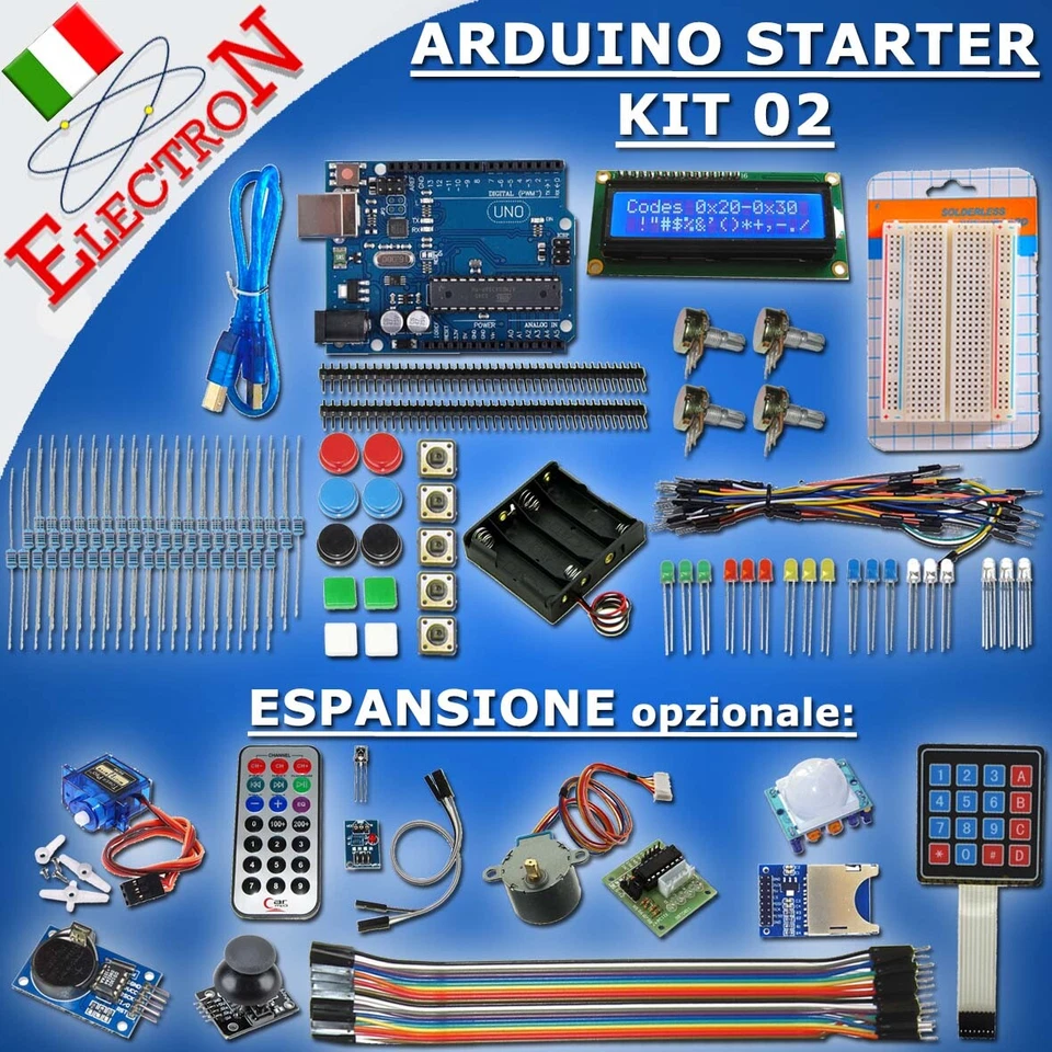 ELECTRON STARTER KIT 02 per ARDUINO UNO R3 16U2 LCD 1602 LED RESISTENZE LDR IR PIR DISPL