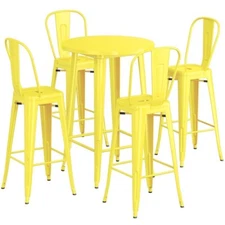 30" Round Yellow Metal Restaurant Bar Table Set with 4 Cafe Barstool Chairs