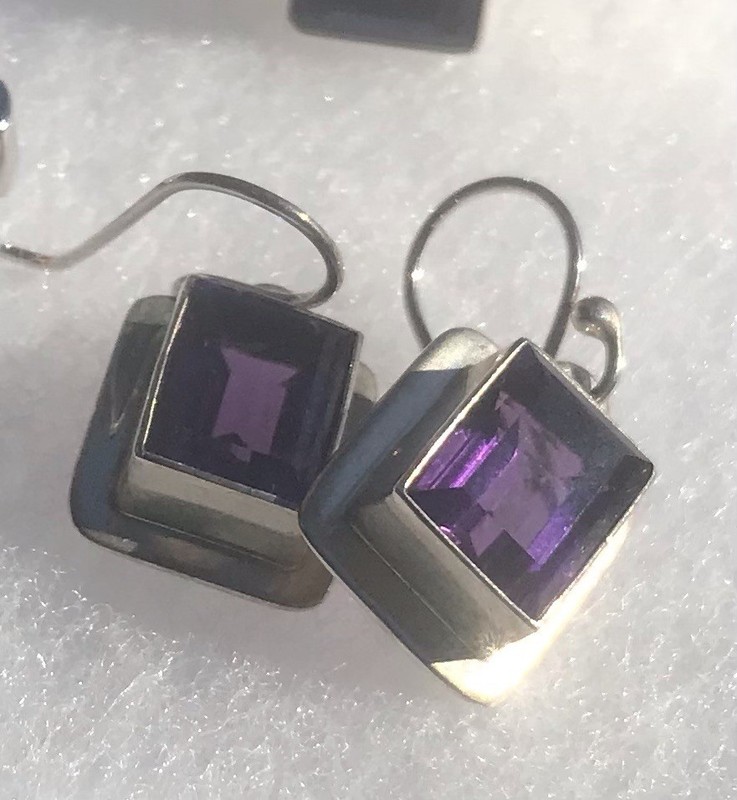 Vintage 925 Sterling Silver Emerald Cut Amethyst Earrings Signed