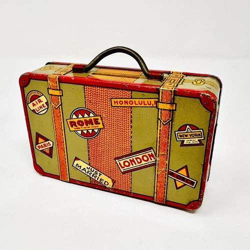 Very Clean Vintage 1930s Louis Marx & Co. Tin Litho Suitcase Bank - Made in USA