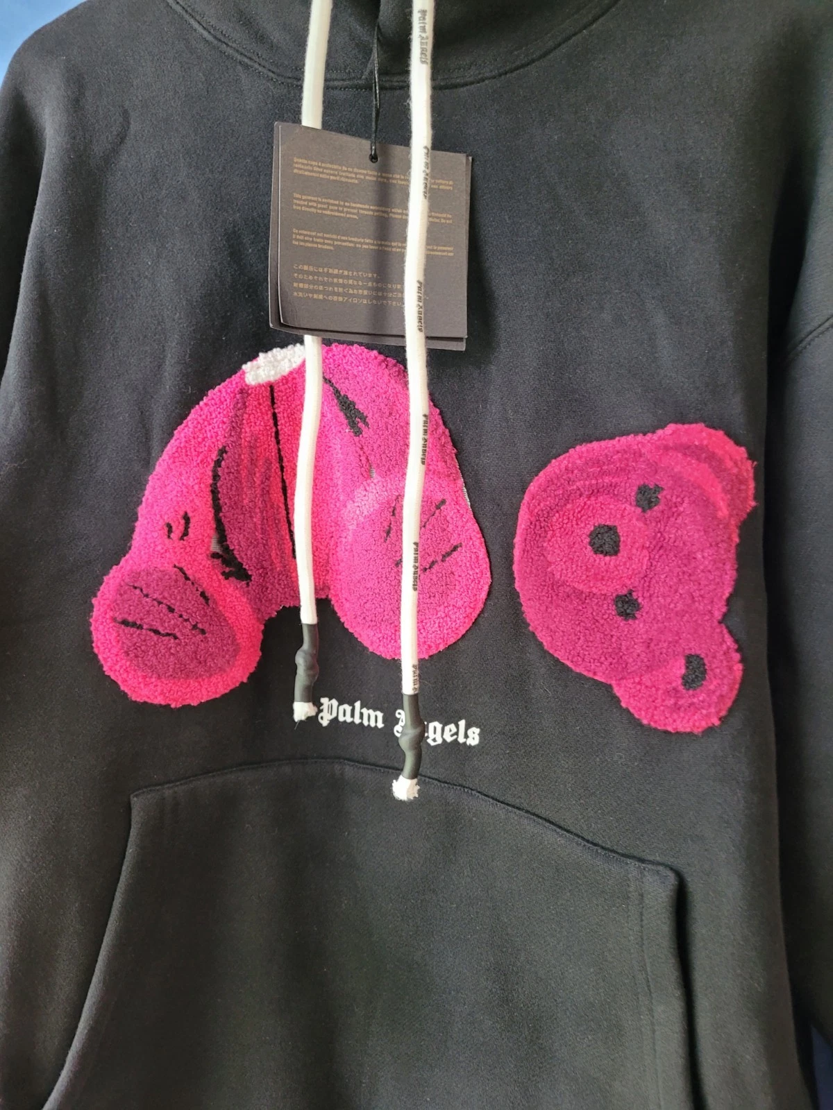 Felpa con cappuccio uomo Palm Angels Bear nera viola rosa orsetto nuova con etichetta taglia L