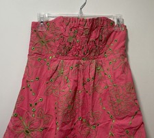 Vintage Lilly Pulitzer Pink W/ Green Floral Embroidered Strapless Smocked Dress