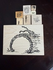 Wood Mounted Rubber Craft Stamps Set of 8 Fishing Themed Assorted Designs