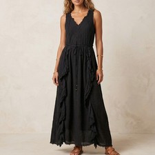 Free People Women Adella Maxi Dress Boho Ruffle Crochet Black S