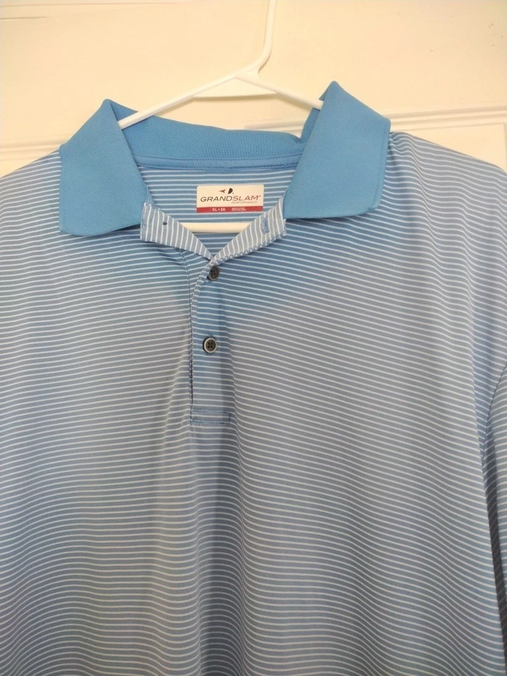 Grand Slam Performance Men XL Collared Blue White Stripe Short Sleeve Polo Golf - Image 3 of 4