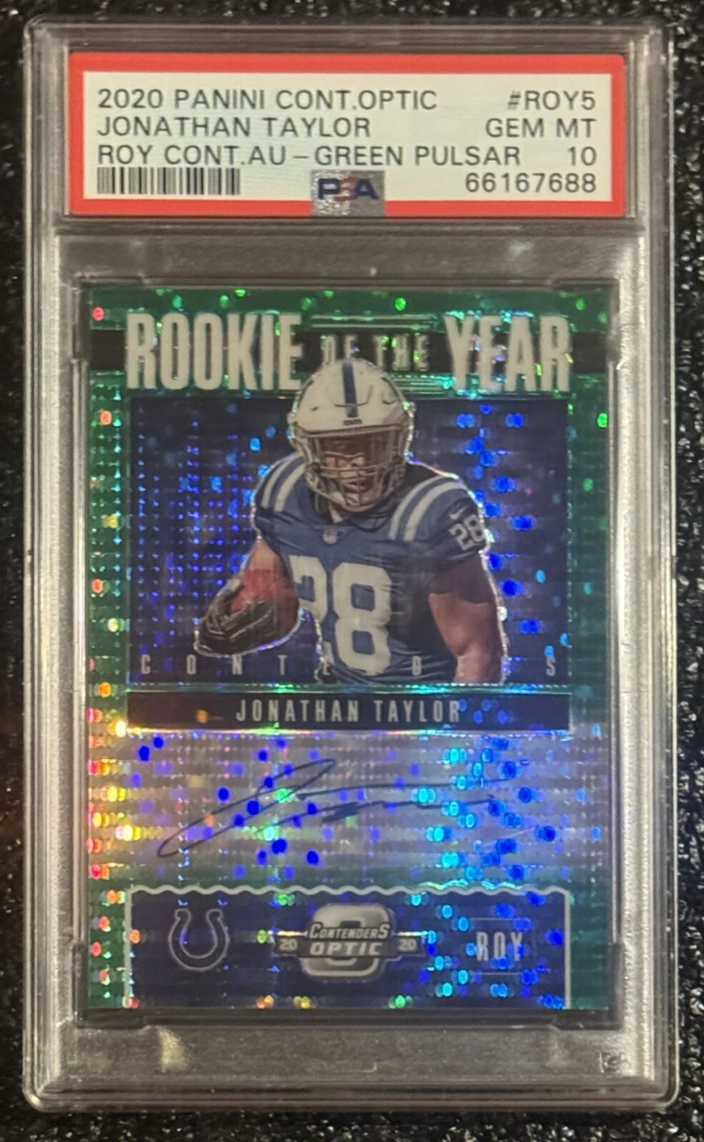 Jonathan Taylor Panini Contenders Optic Rookie of the Year Contenders Autographs #ROY5 Green Pulsar