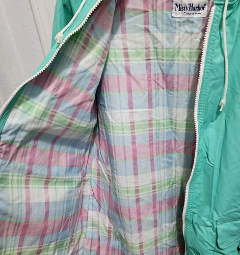Misty Harbor All Weather Slicker Rain Coat Plaid Lined Hooded Teal Blue Size M - Picture 11 of 17